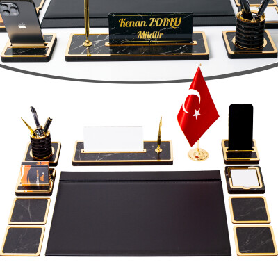 11 Parça Türk Bayraklı Mermer Desen Ahşap Sümen Takımı Masa İsimliği Deri Sümen Seti - 4