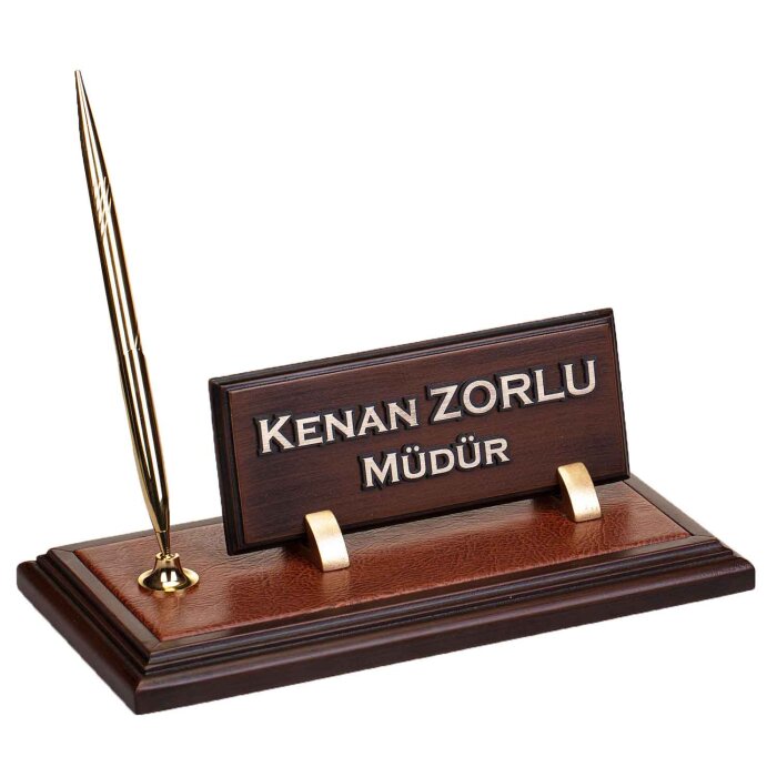 Deri Zeminli Ahşap Masa İsimliği Makam Hediye Ofis Masa İsimlik - 1