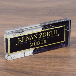 Mermer Desenli Kristal Masa İsimliği Ofis Hediye Masaüstü İsimlik - isimliksepeti
