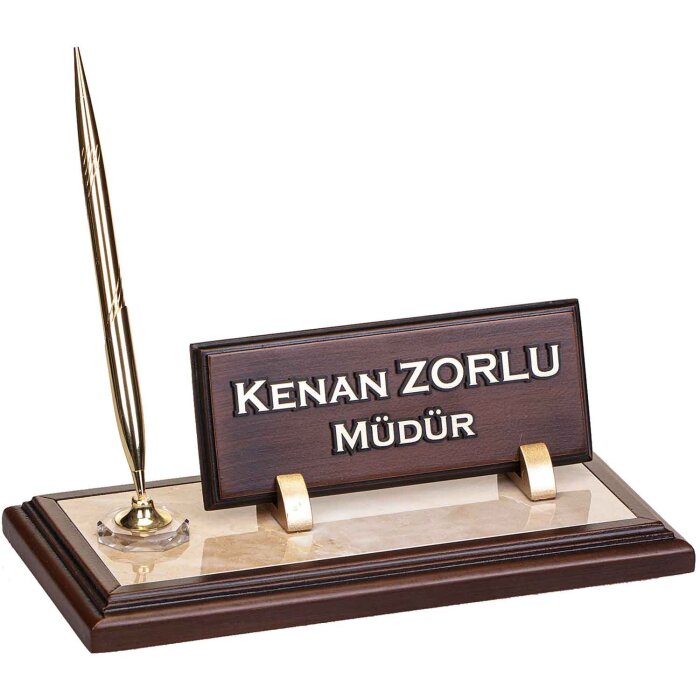 Mermer Zeminli Ahşap Masa İsimliği Hediye Ofis Masaüstü İsimlik - 1
