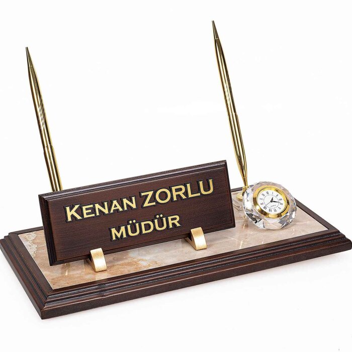 Mermer Zeminli Çift Kalemli Masa İsimlik Ahşap Masa İsimliği - 1